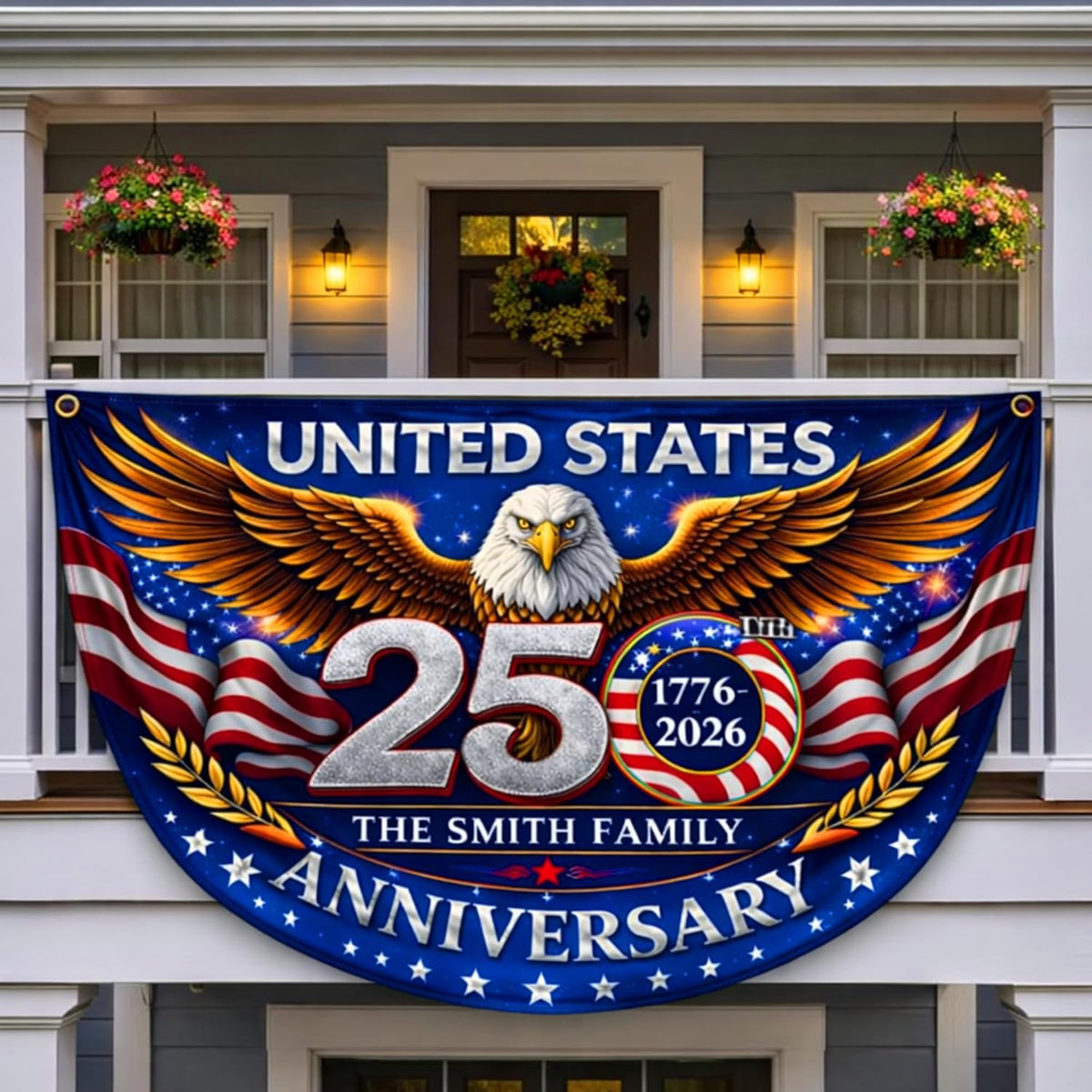 Personalized USA 250th Anniversary Bunting Flag with Family Name, Custom America 250th Birthday Bunting Flag, America 1776 2026 Patriotic Eagle Design Banner, 4th of July Decor