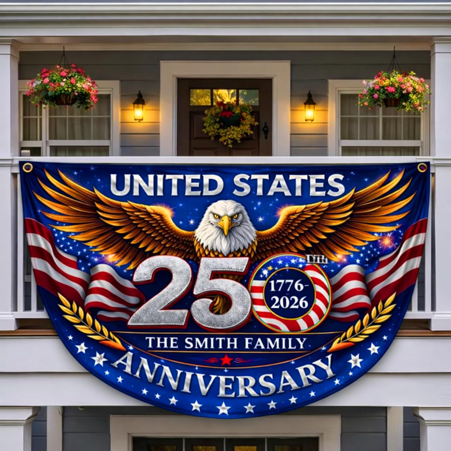 Personalized USA 250th Anniversary Bunting Flag with Family Name, Custom America 250th Birthday Bunting Flag, America 1776 2026 Patriotic Eagle Design Banner, 4th of July Decor