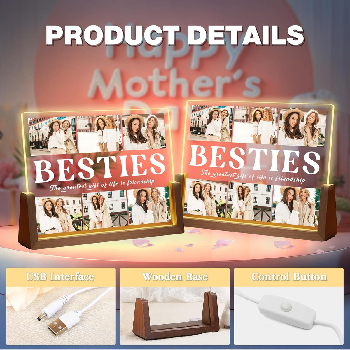 Customized Photo Gifts for Besties, Personalized Acrylic Plaque Picture Frame with Pictures Text, Custom Gift for Best Friend, Anniversary Mothers Day Birthday Gifts for Women Friend Sister