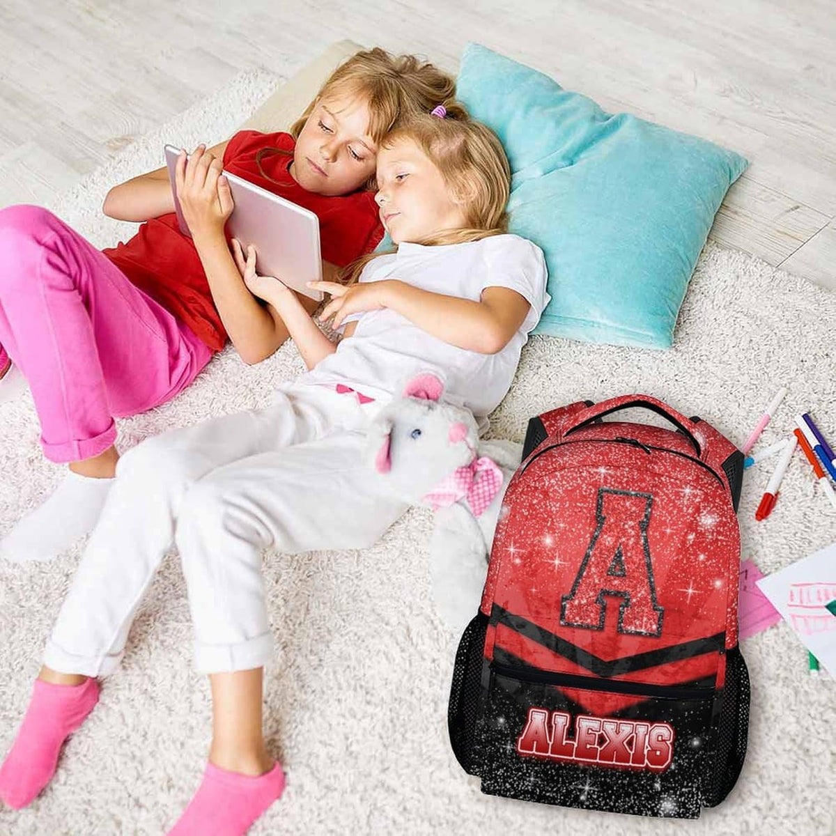 Custom Kindergarten Backpack for Girls Boys, Personalized Glitter Cheer School Bag for Kids Preschool Elementary - Red Cheerleader Daypack for School Travel Gym Work Hiking Camping