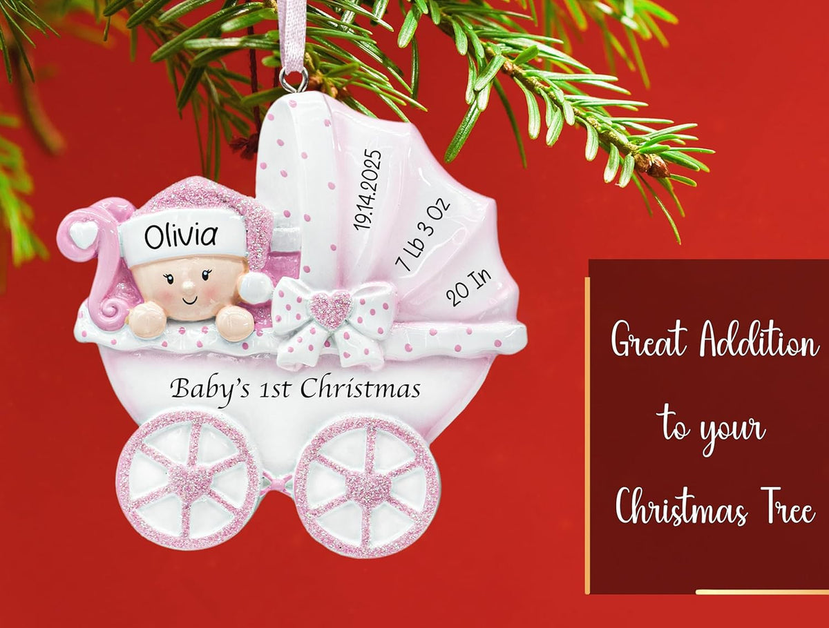 Personalized Baby's First Christmas Ornament 2025 | Baby Girl Carriage Xmas Tree Decoration Pink Stroller | My 1st Xmas Keepsake for New Baby Newborn Grandbaby - Custom Name & Year