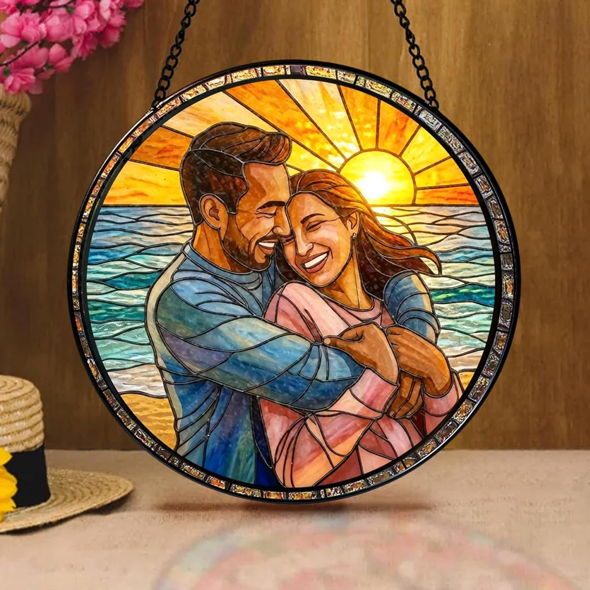 Personalized Couples Photo Faux Stained Glass Sun Catcher, Photo Cuople Portrait Faux Window Hanging Ornament Gifts for Her & Him, Custom Photo Gift, Birthday, Anniversary, Unique Valentine s Day