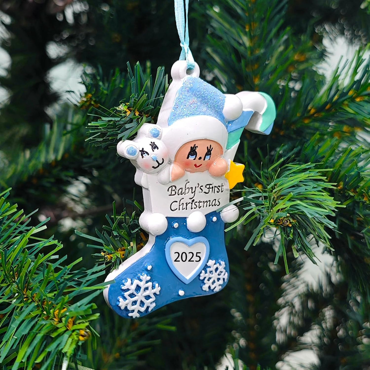 Baby's First Christmas Ornament 2025,Babys First Christmas Stocking Ornaments for Boy and Girls Personalized Babies Gifts My 1st Xmas Ornaments 2025 Window Tree Crib Fireplace Xmas Tree Decorations