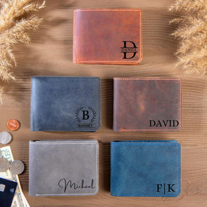 Personalized Wallet for Men - Top Grain Leather Wallets with Engraved Name & initial -Custom in 5 Colors & 6 Designs- Ideal Gift for Husband, Dad, Son, Boyfriend, Anniversaries & Father's Day Gifts