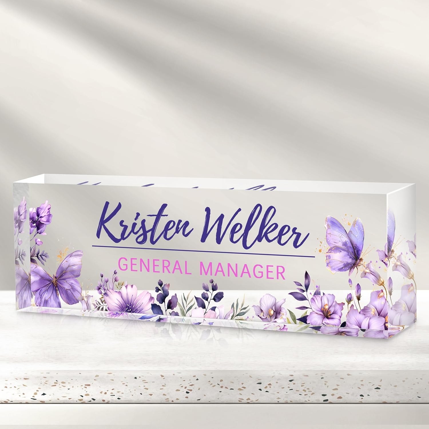 Custom Office Name Plate for Desk - Desk Name Plate Personalized Gifts for Coworkers, Boss, Employees, Teacher, Nurse - Office Desk Decor for Women Men - Employee Appreciation Gifts (Purple Garden)