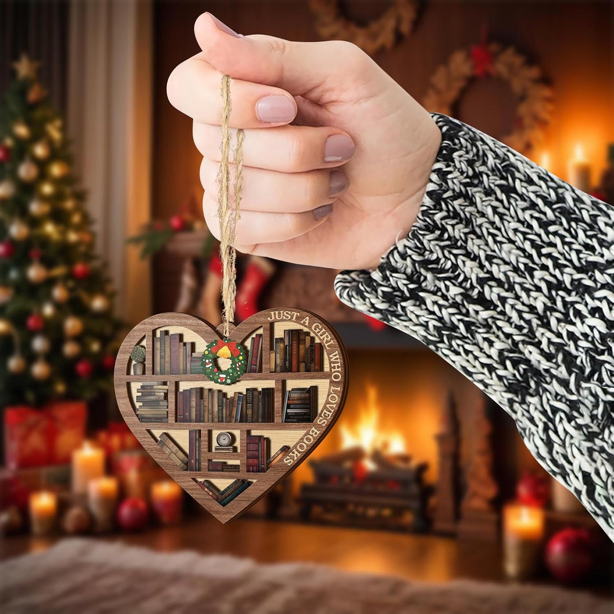 Book Lovers Ornaments, Bookshelf Heart Christmas Book Ornament 2 Layer Wood Ornament , Gift for Girl Book Lovers, Gift Idea for Christmas