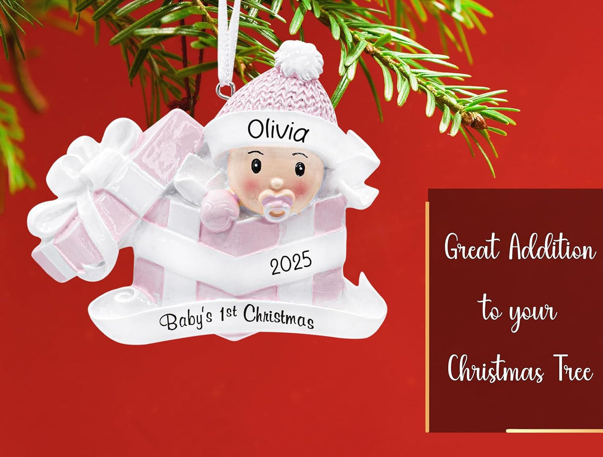 Personalized Baby's First Christmas Ornament 2025 | Custom Baby Boy in Blue Girl In Pink Present Xmas Tree Decoration Newborn New Grandbaby My 1st Year Ornament
