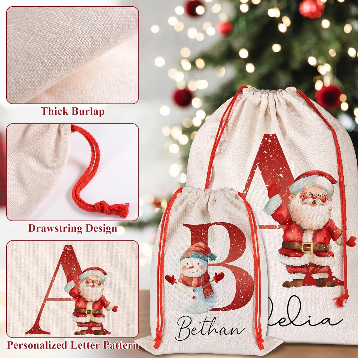 Personalized Santa Sack with Initial & Name, Custom Monogram Alphabet Large Christmas Gift Bag Pouch Customized Christmas Eve Box Sack Bags for Holiday Presents Storage