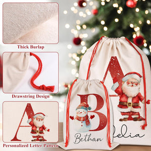 Personalized Santa Sack with Initial & Name, Custom Monogram Alphabet Large Christmas Gift Bag Pouch Customized Christmas Eve Box Sack Bags for Holiday Presents Storage