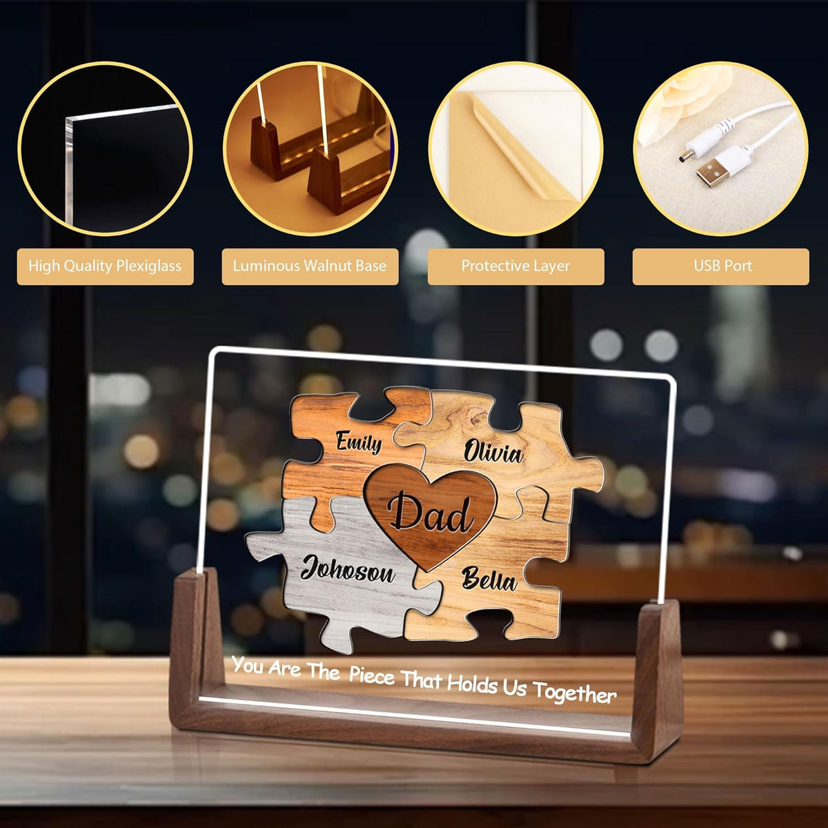 Personalized Fathers Day Ideas Gifts from Daughter Son Wife Kids, Custom Puzzle Acrylic Plaque with Name LED Light Walnut Base, Customized Christmas Birthday Gifts for Dad Husband