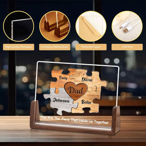 Personalized Fathers Day Ideas Gifts from Daughter Son Wife Kids, Custom Puzzle Acrylic Plaque with Name LED Light Walnut Base, Customized Christmas Birthday Gifts for Dad Husband