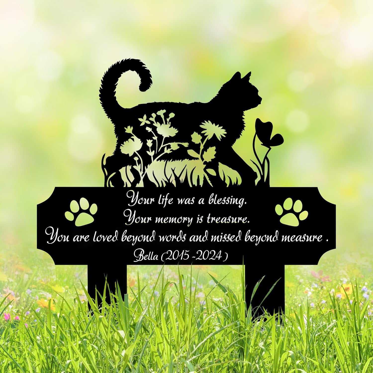 Cat Grave Marker Outdoor Memorial Metal Pet Memorial Plaque with Garden Cat Silhouette, Weatherproof Headstone for Yard or Indoor Tribute, Sympathy Gift for Loss of Cat
