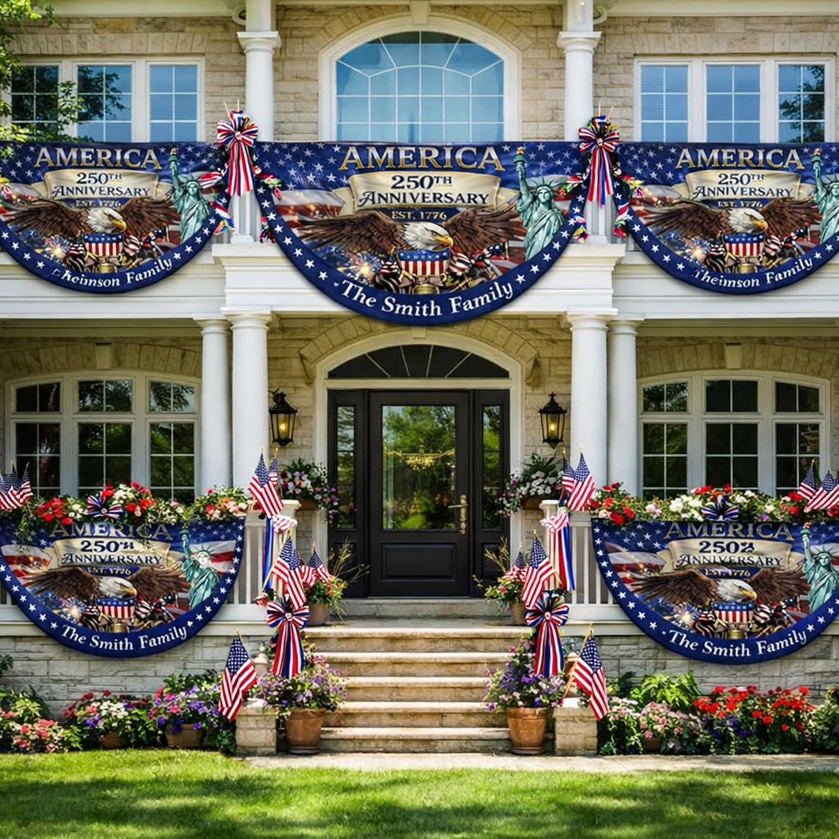 Personalized USA 250th Anniversary Bunting Flag with Family Name, Custom America 250th Birthday Bunting Flag, America 1776 2026 Patriotic Eagle Design Banner, 4th of July Decor
