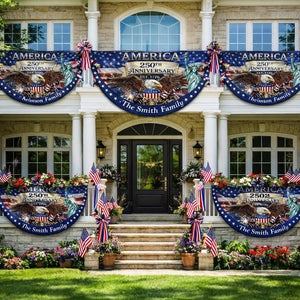 Personalized USA 250th Anniversary Bunting Flag with Family Name, Custom America 250th Birthday Bunting Flag, America 1776 2026 Patriotic Eagle Design Banner, 4th of July Decor
