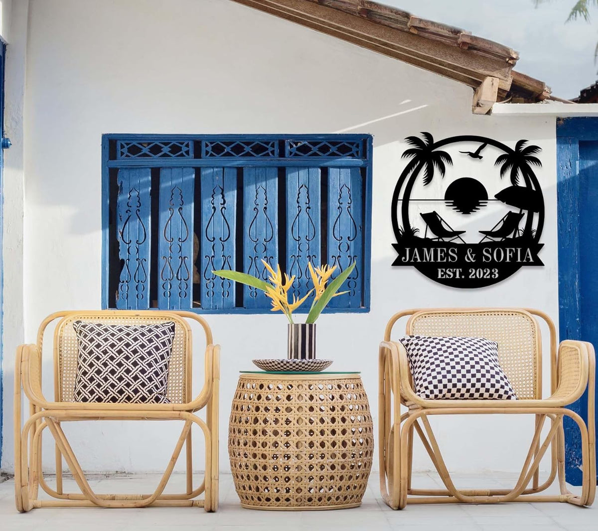 Personalized Beach Metal Monogram Sign, Custom Palm Trees Metal Couple Names Sign, Outdoor Metal Family Name Sign, Custom Couple Names Sign, Beach Coastal House Decor