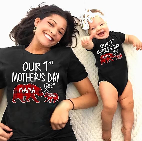 Mama Bear Plaid Pattern Personalized Our First Mothers Day Matching Shirts, Mom Baby Matching Outfits Mothers Day 2025