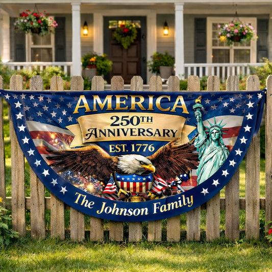 Personalized USA 250th Anniversary Bunting Flag with Family Name, Custom America 250th Birthday Bunting Flag, America 1776 2026 Patriotic Eagle Design Banner, 4th of July Decor