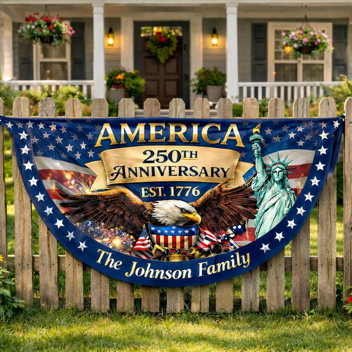 Personalized USA 250th Anniversary Bunting Flag with Family Name, Custom America 250th Birthday Bunting Flag, America 1776 2026 Patriotic Eagle Design Banner, 4th of July Decor