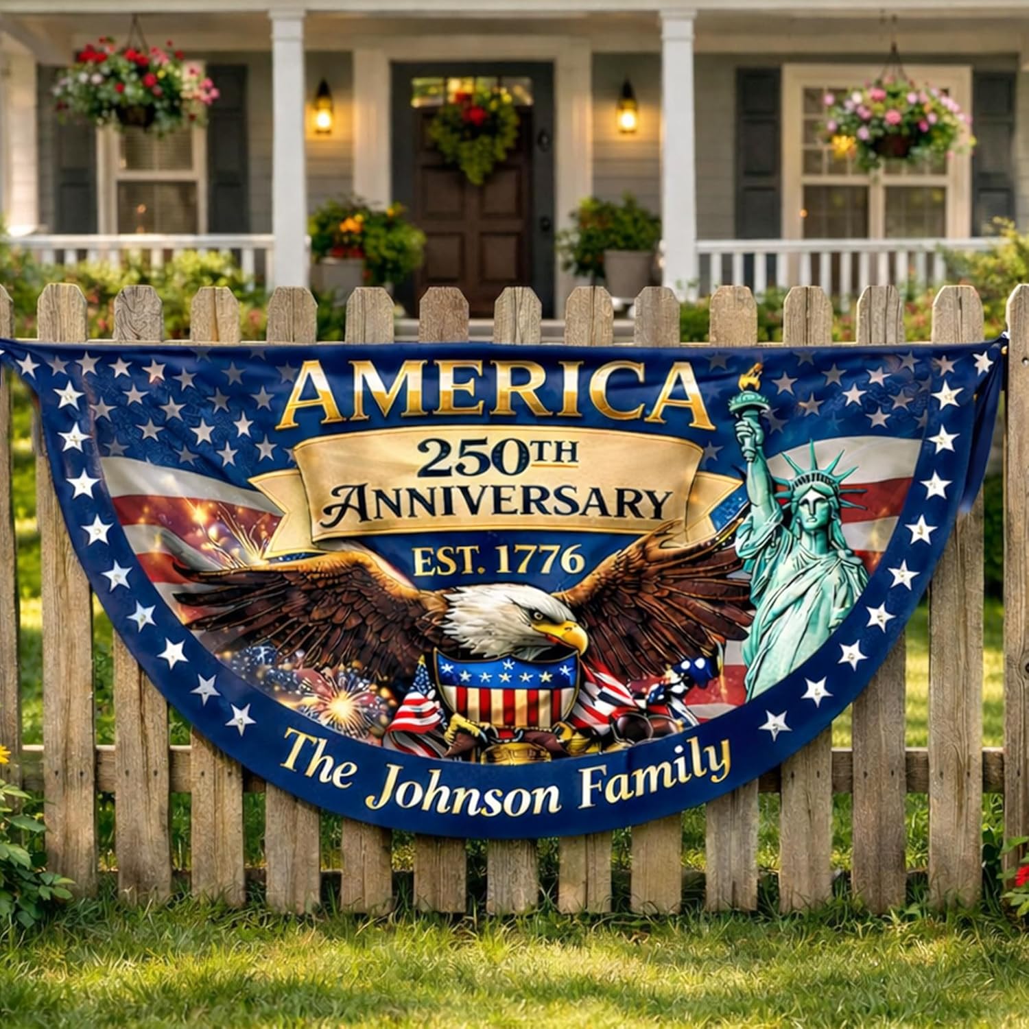 Personalized USA 250th Anniversary Bunting Flag with Family Name, Custom America 250th Birthday Bunting Flag, America 1776 2026 Patriotic Eagle Design Banner, 4th of July Decor