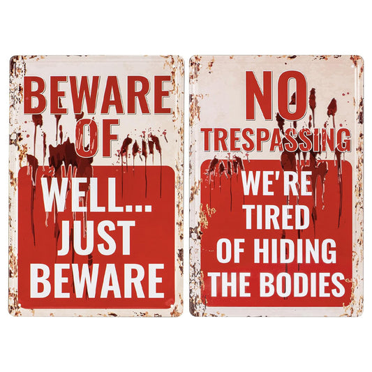Halloween Decoration Signs Retro Custom Metal Signs for Outdoor Yard or Indoor Funny Halloween Decor Signs - No Trespassing We're Tired of Hiding The Bodies & Beware of Well Just Beware