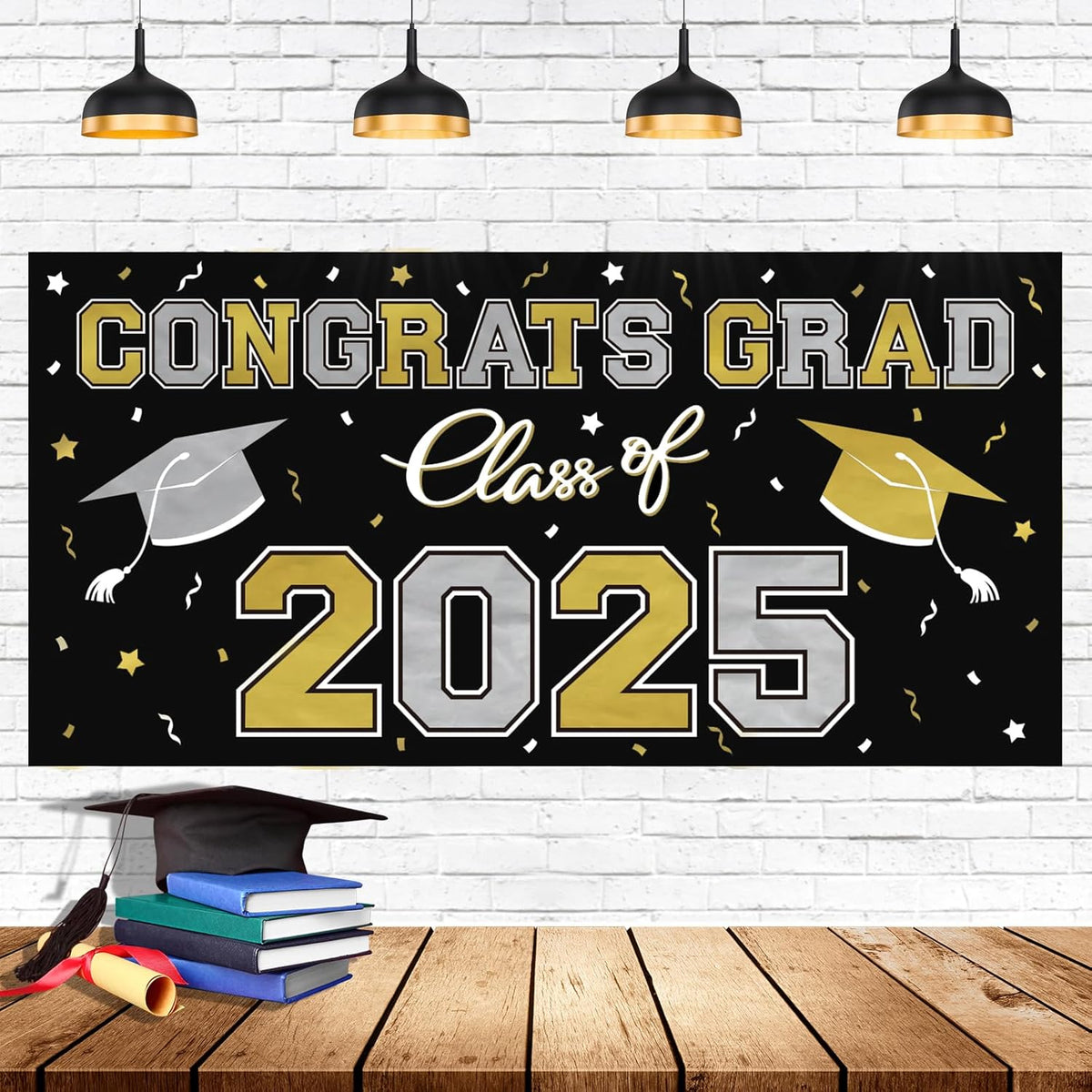 2025 Graduation Party Plastic Backdrop - Congrats Grad Banner in Red, Large Class of 2025 Decorations, Photography & Grad Party Supplies