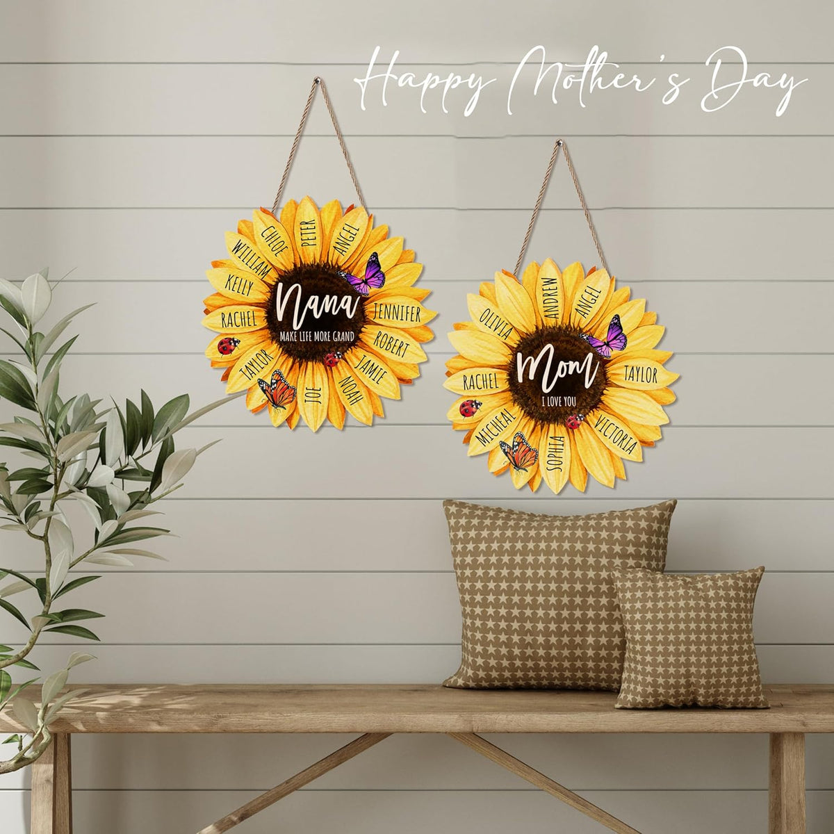 Personalized Sunflower Wood Sign Gifts for Mom & Grandma, Customized Family Name Wooden Decor for Mother's Day & Birthday, Custom Nana Gift from Kids, Grandson and Granddaughter