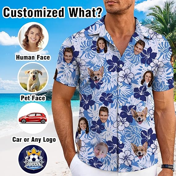 Hawaiian Shirt with Face Custom for Men Women Personalized Floral Aloha Button Down Shirt,Customized Gifts for Dad