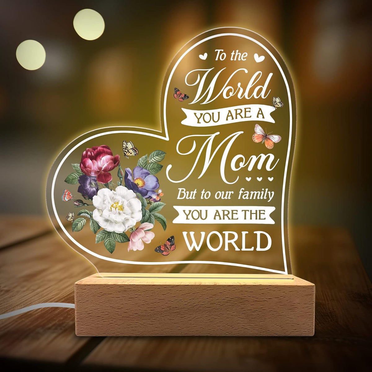 Acrylic Night Light Gift for Mother - to Our Family You are The World - Acrylic Light Gift for Mom from Son, Daughter on Mothers Day - Birthday Gifts to Mom