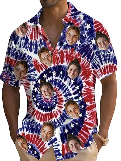 Custom Face Hawaiian Shirt for Men USA Flag Personalized Funny 4th July Button Down Hawaiian Shirts w/Photo