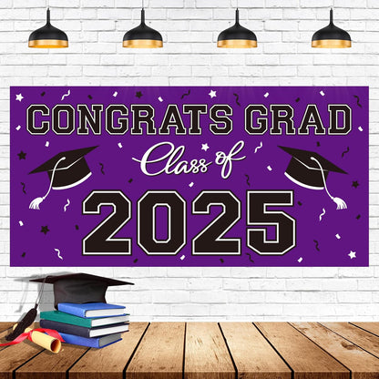 2025 Graduation Party Plastic Backdrop - Congrats Grad Banner in Red, Large Class of 2025 Decorations, Photography & Grad Party Supplies