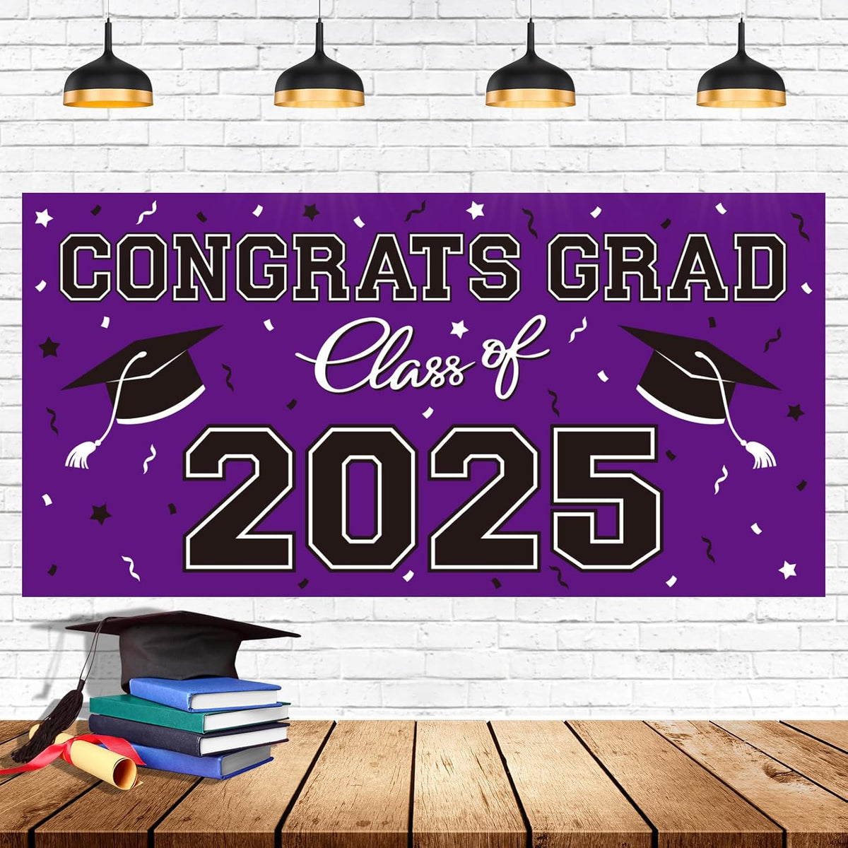 2025 Graduation Party Plastic Backdrop - Congrats Grad Banner in Red, Large Class of 2025 Decorations, Photography & Grad Party Supplies