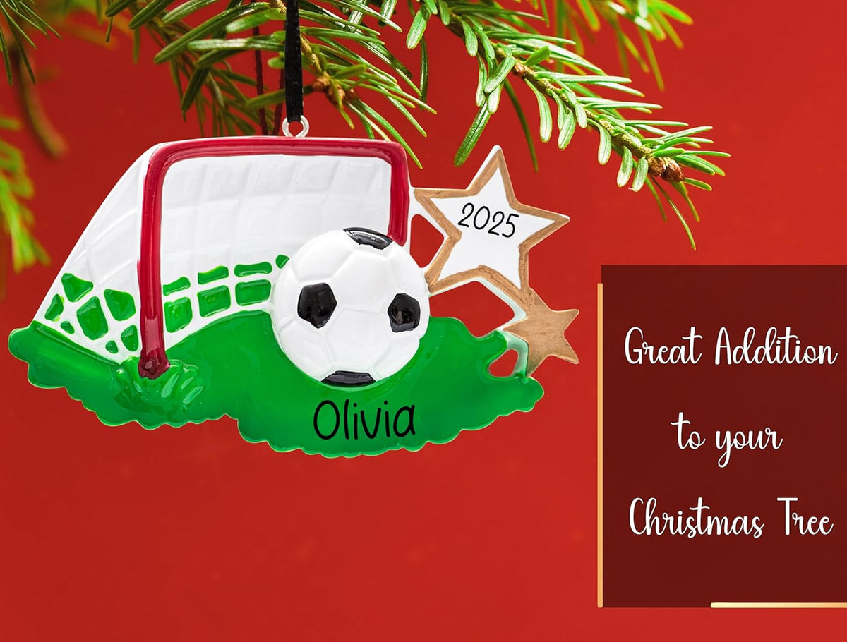 Personalized Soccer Christmas Ornament 2025 | Soccer Ball with Gold Stars Grass and Goal Net for Xmas Tree - Customized Gift for Soccer Player Coach Team Fan | Custom Unique Keepsake