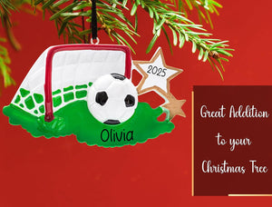 Personalized Soccer Christmas Ornament 2025 | Soccer Ball with Gold Stars Grass and Goal Net for Xmas Tree - Customized Gift for Soccer Player Coach Team Fan | Custom Unique Keepsake