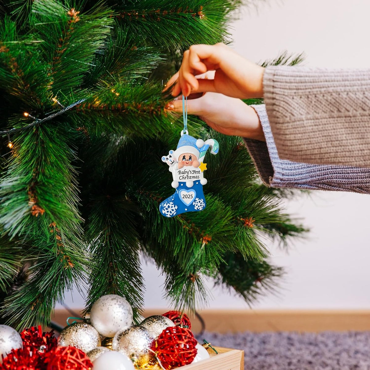 Baby's First Christmas Ornament 2025,Babys First Christmas Stocking Ornaments for Boy and Girls Personalized Babies Gifts My 1st Xmas Ornaments 2025 Window Tree Crib Fireplace Xmas Tree Decorations