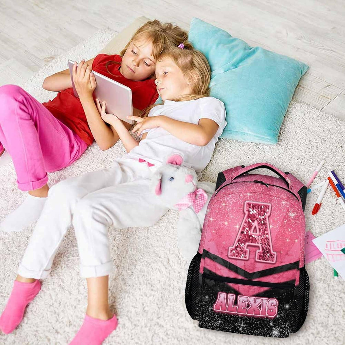 Custom School Backpack for Girls- Personalized Glitter Initial Name Backpack for Kids Kindergarten Preschool Primary - Black & Pink Student Cheerleader Bookbag for Travel Work School