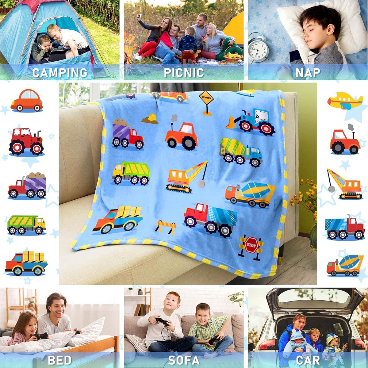 Construction Toddler Blanket for Boys Girls Lightweight Baby Kids Blanket Cute Soft Small Truck Car Blankets Comfy Fleece Flannel Plush Blue Throw Blankets Gifts