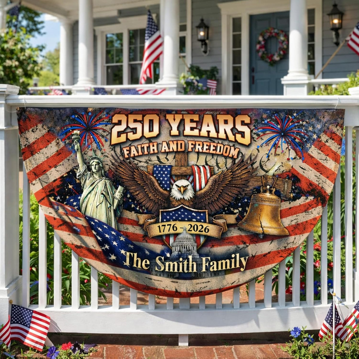 Personalized USA 250th Anniversary Bunting Flag with Family Name, Custom America 250th Birthday Bunting Flag, America 1776 2026 Patriotic Eagle Design Banner, 4th of July Decor