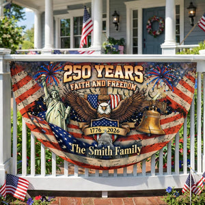 Personalized USA 250th Anniversary Bunting Flag with Family Name, Custom America 250th Birthday Bunting Flag, America 1776 2026 Patriotic Eagle Design Banner, 4th of July Decor