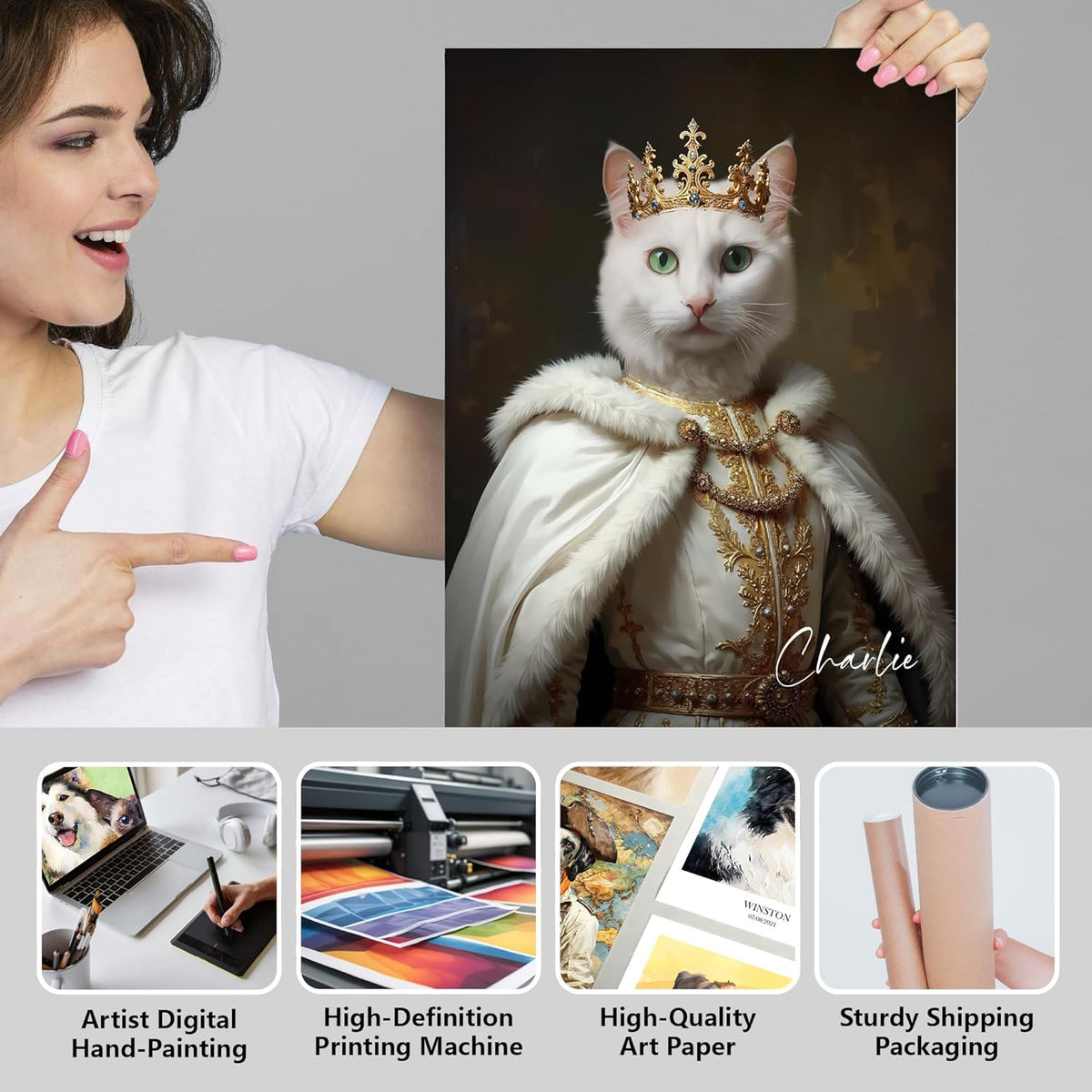 Custom Pet Portrait from Photo,Cat/Dog Memorial Gifts,Personalized Dog Wall Art poster/canvas in Royal Oil Painting Style,Funny dog Portraits (King)