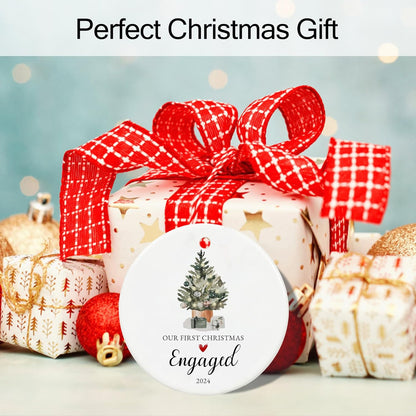 Our First Christmas Engaged Ornament 2024,Just Engaged Gifts for Couple, Ceramic Keepsake Engagement Ornaments 2024