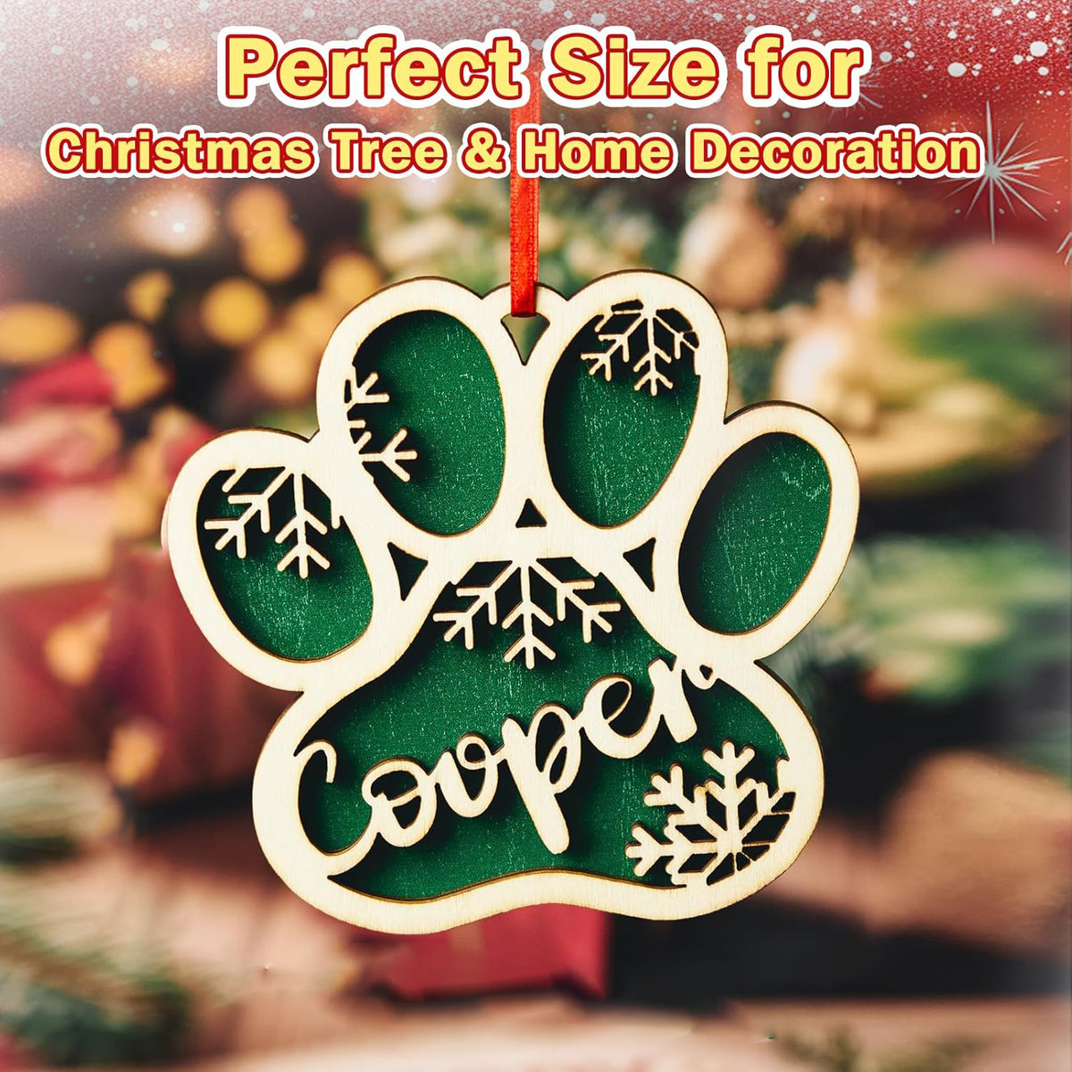 Personalized Pet Paw Ornament, Wooden 2 Layer Christmas Ornament with Name, Gift for Dog Lover or Pet Memorial Keepsake, Pet Name Christmas, Winter Snowflake Wooden Holiday Decor