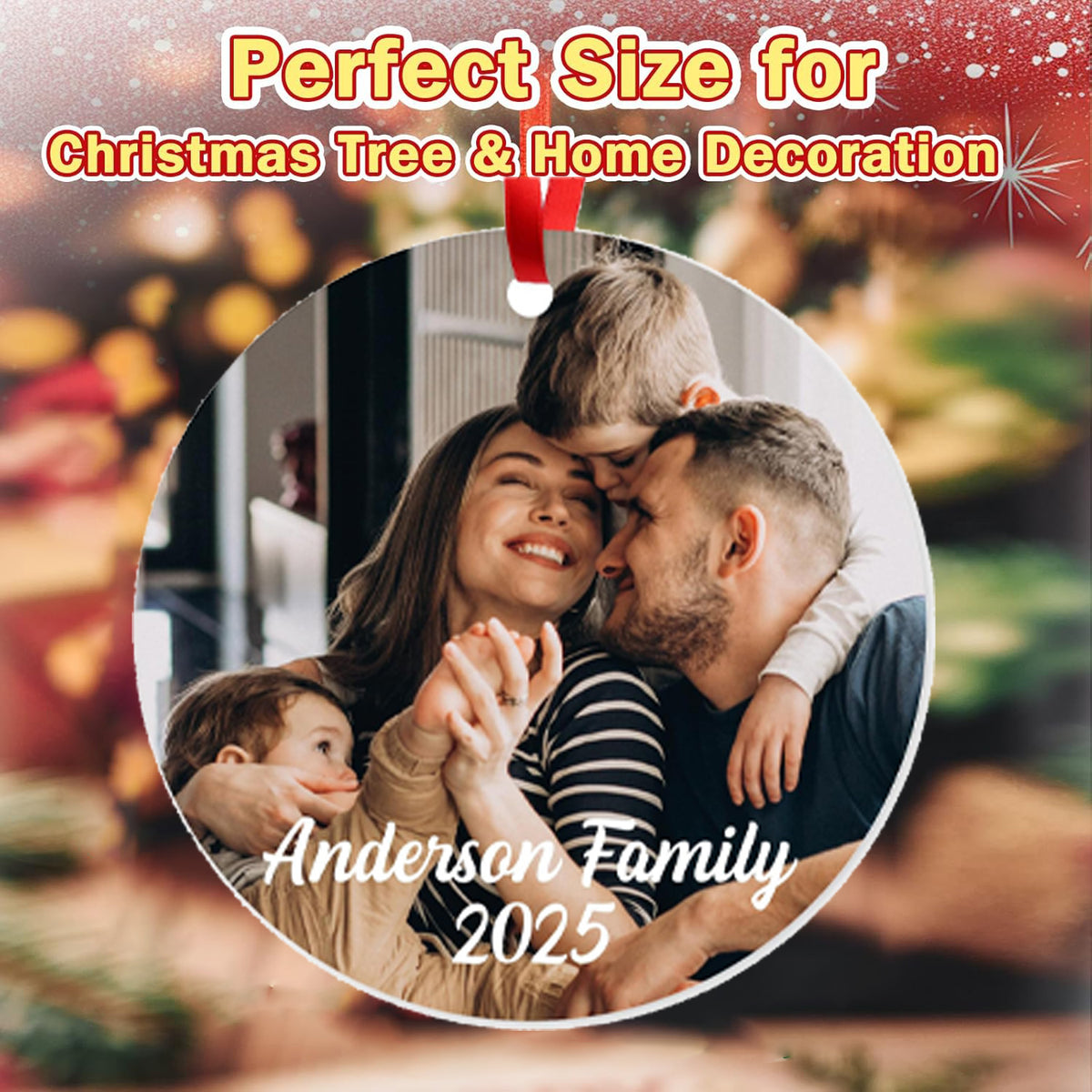 Personalized Christmas Ornaments, Custom Photo Text 2025 Christmas Tree Ornament, Velvet Pouch Included, Round Ornament