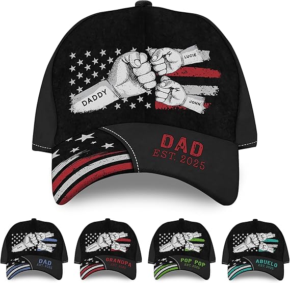 Personalized Grandpa Cap, Fist Bump Flag Dad Hat Custom Name, 3D Baseball Cap Men, Fathers Day Hat Gift for Dad Papa