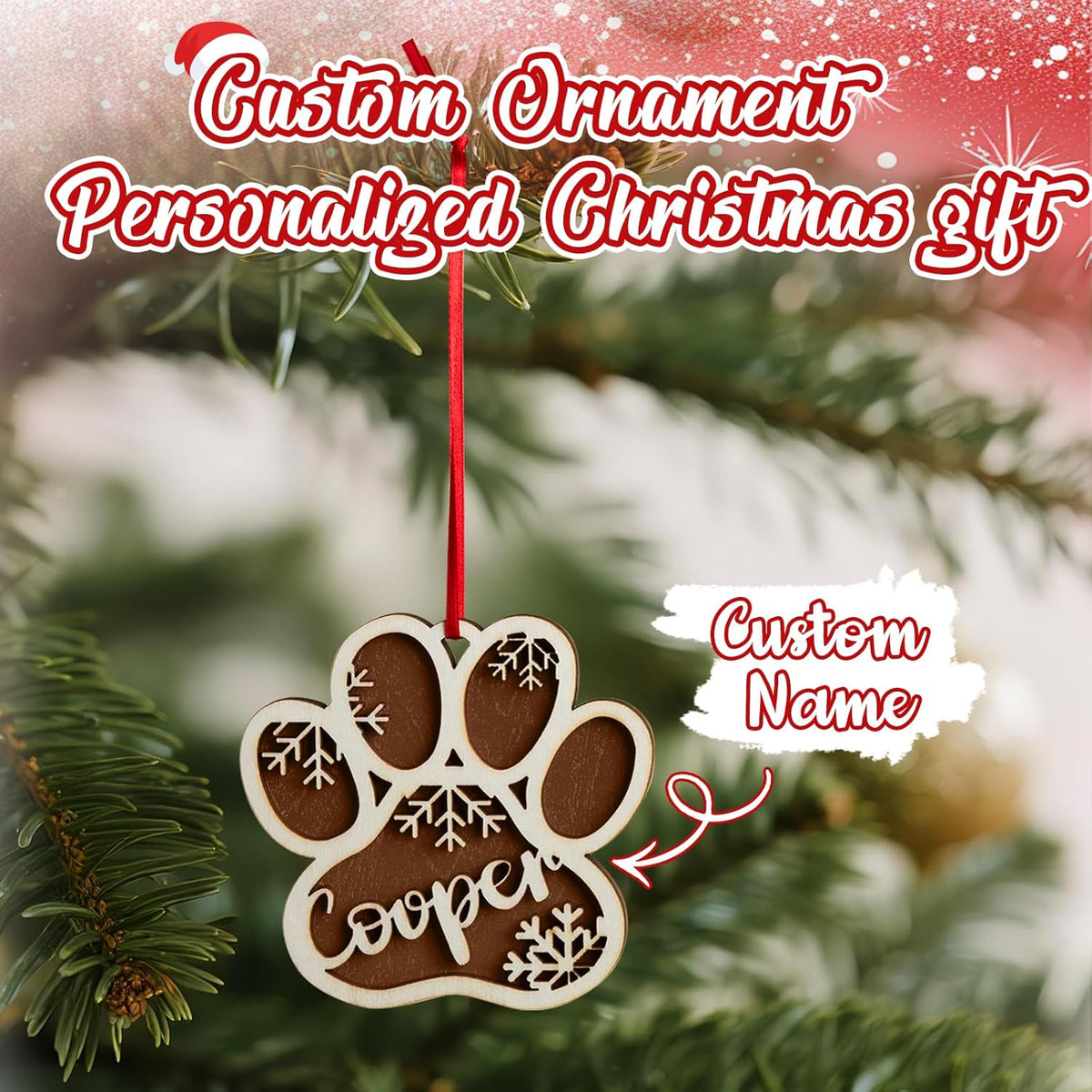 Personalized Pet Paw Ornament, Wooden 2 Layer Christmas Ornament with Name, Gift for Dog Lover or Pet Memorial Keepsake, Pet Name Christmas, Winter Snowflake Wooden Holiday Decor