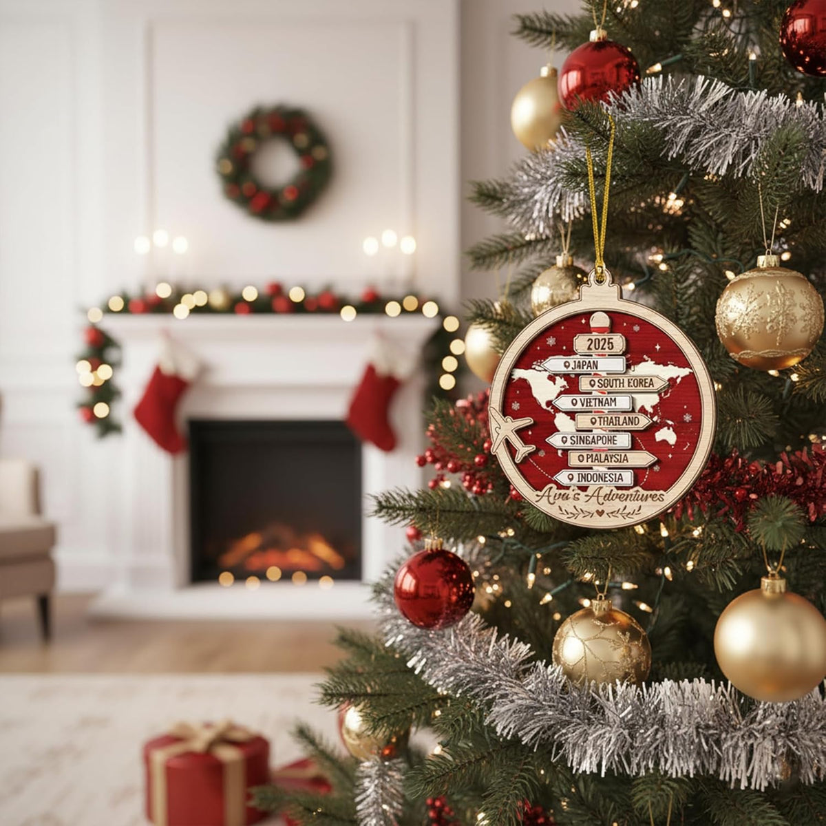 Personalized Travel Memory Ornament with Custom Locations & Name - Mixed Material Keepsake with Wooden Signposts, Unique Vacation Memento, Adventurer Gift for Christmas