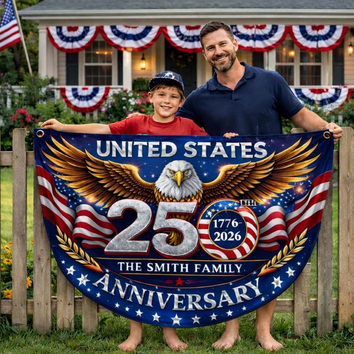 Personalized USA 250th Anniversary Bunting Flag with Family Name, Custom America 250th Birthday Bunting Flag, America 1776 2026 Patriotic Eagle Design Banner, 4th of July Decor