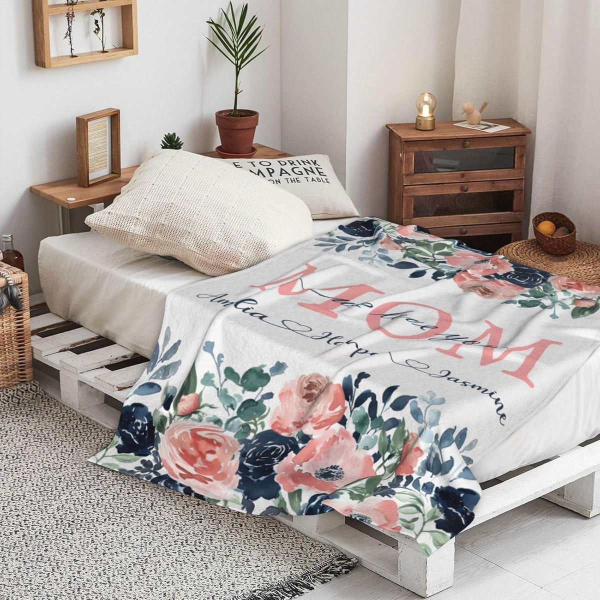 Mothers Day Birthday Gifts for Mom Personalized Blanket with Name for Grandma Mom's Garden Birthday Gift for Grandmother Mom Nana Gigi Mimi Mommy (Blue)