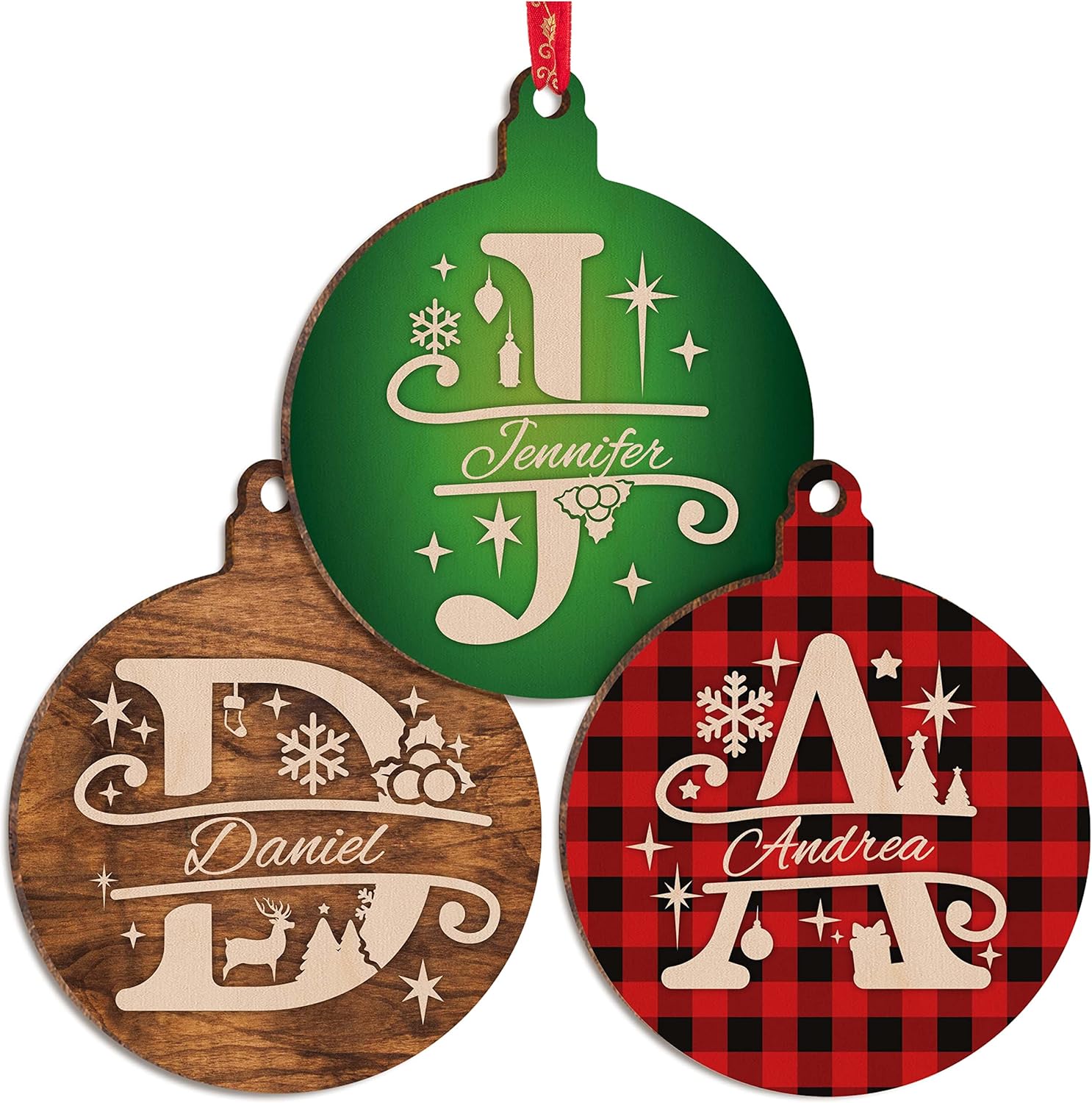 Christmas Initial Ornaments w/Name - 9 Pattern - Personalized Xmas Round Ornament Decor for Christmas Tree - Customized Noel Wood Gifts - Custom Wooden Circle D corations