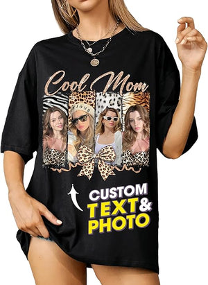 Leopart Pattern Custom Photo Custom T Shirts for Mom Mama Shirt with Photos Vintage Tee Custom Funny Shirt for Mom