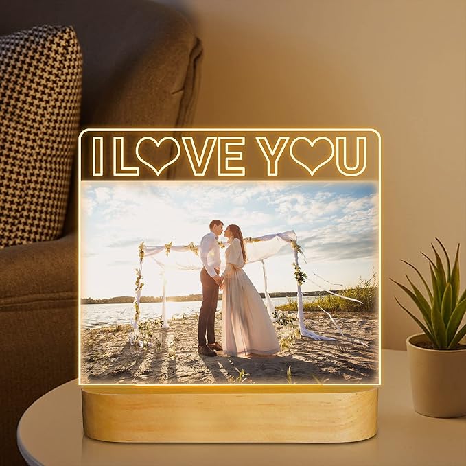 I Love You Light up Photo Frame with Warm LED Night Light, Memory Gifts for Couple Valentine Day Wedding Anniversary Present